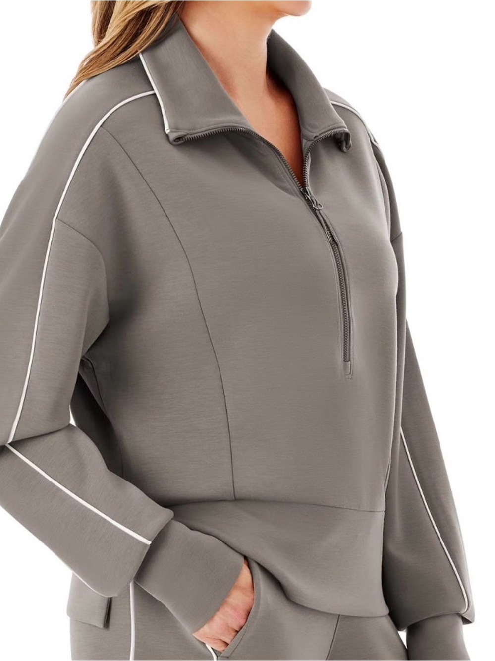 Half-Zip Pullover Sweatshirt in Taupe with White Piping